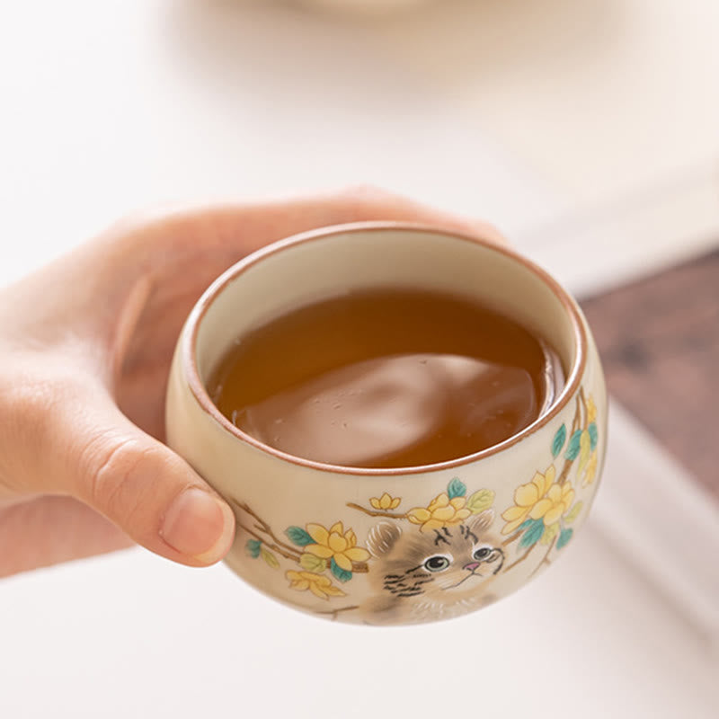 Ceramic Cat & Rabbit Kung Fu Tea Cups for Zen Decor