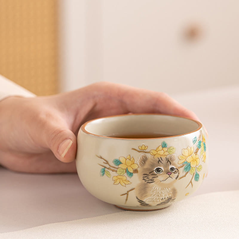 Ceramic Cat & Rabbit Kung Fu Tea Cups for Zen Decor