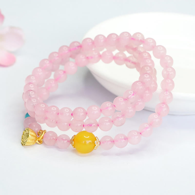 6mm Pink Crystal Lotus Bracelet with Yellow Chalcedony