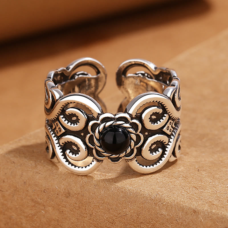 Adjustable Black Onyx Fortune Ring Copper Band