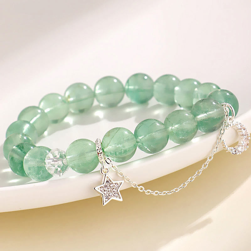 10mm Green Fluorite Bracelet with Moon & Star Charms