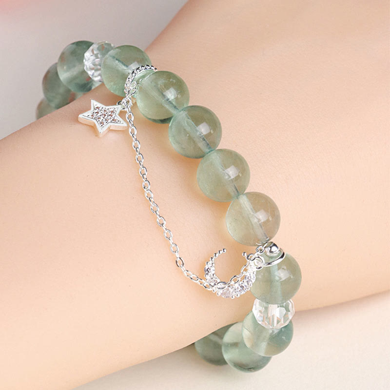 10mm Green Fluorite Bracelet with Moon & Star Charms