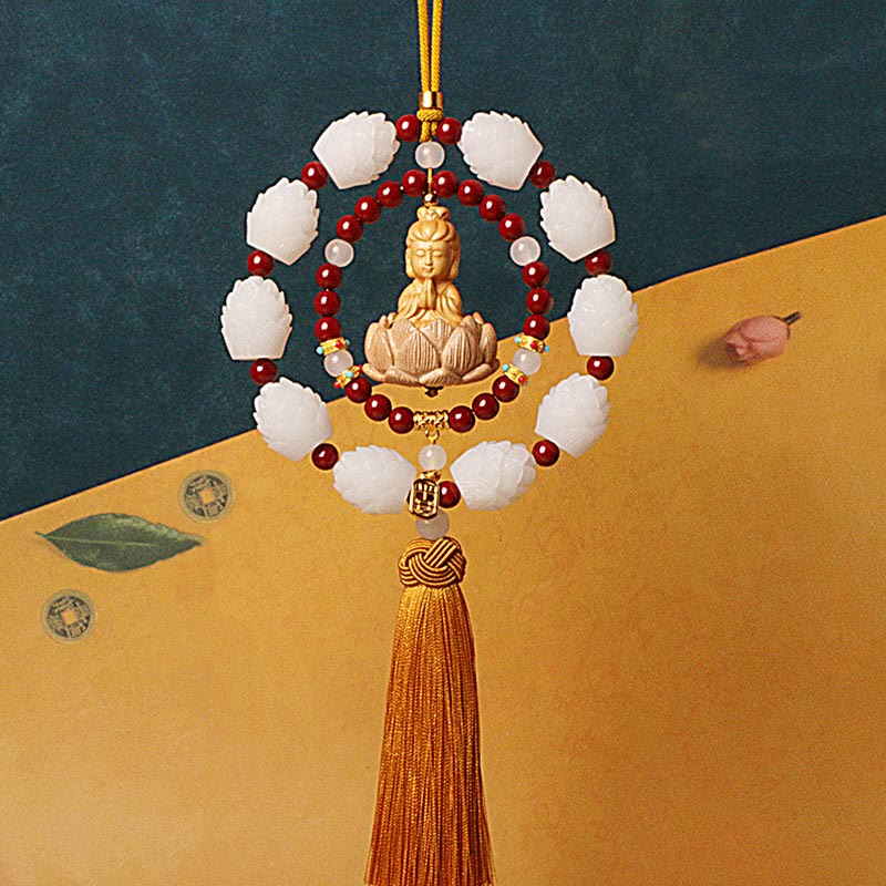 Cinnabar & Boxwood Buddha Lotus Car Hanging Decoration