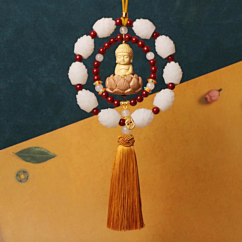 Cinnabar & Boxwood Buddha Lotus Car Hanging Decoration