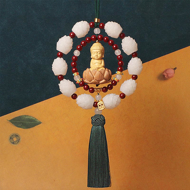 Cinnabar & Boxwood Buddha Lotus Car Hanging Decoration