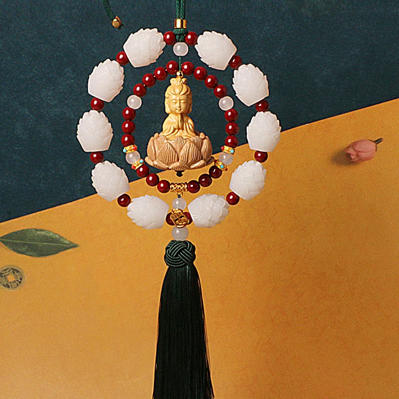 Cinnabar & Boxwood Buddha Lotus Car Hanging Decoration