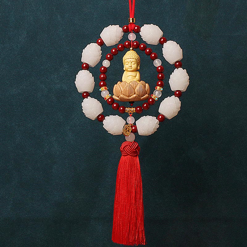 Cinnabar & Boxwood Buddha Lotus Car Hanging Decoration