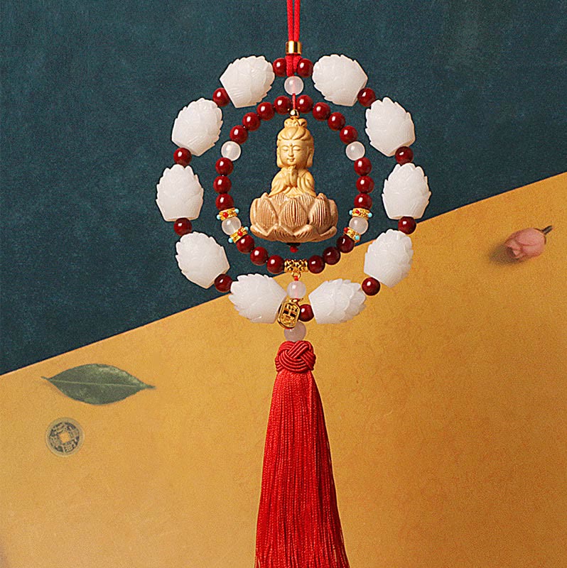 Cinnabar & Boxwood Buddha Lotus Car Hanging Decoration