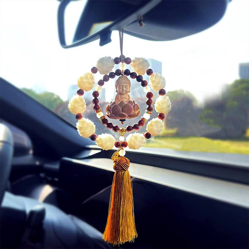 Cinnabar & Boxwood Buddha Lotus Car Hanging Decoration