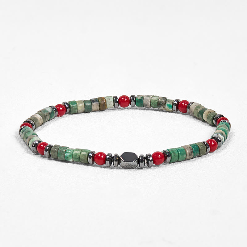 4.2mm Green Stone Hematite Red Coral Bracelet