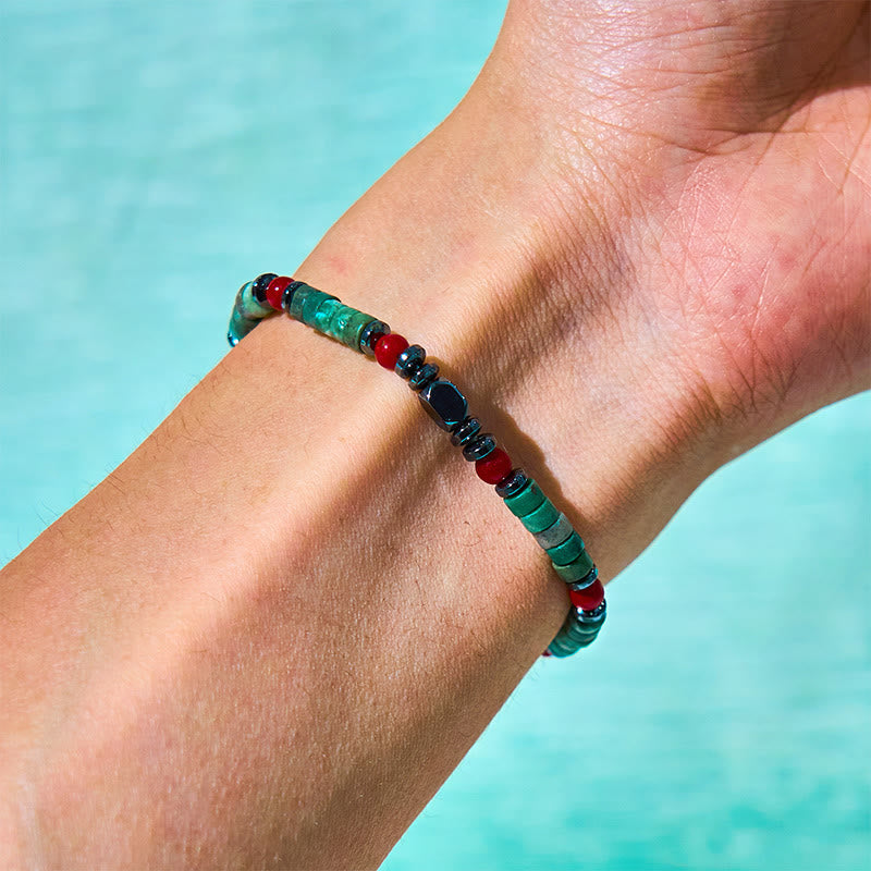4.2mm Green Stone Hematite Red Coral Bracelet