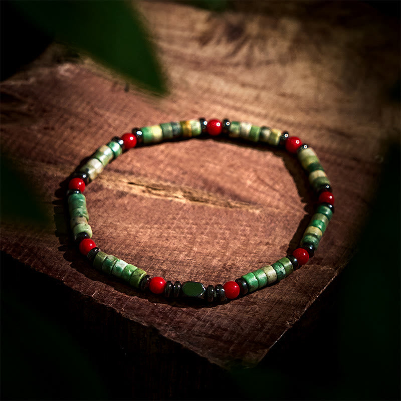 4.2mm Green Stone Hematite Red Coral Bracelet