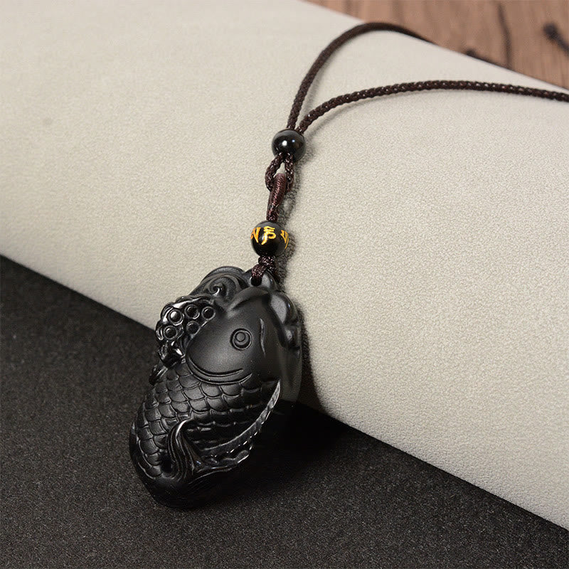 Black Obsidian Necklace Pendant with Amphioxus Symbol