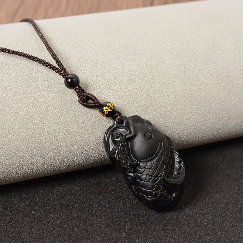 Black Obsidian Necklace Pendant with Amphioxus Symbol