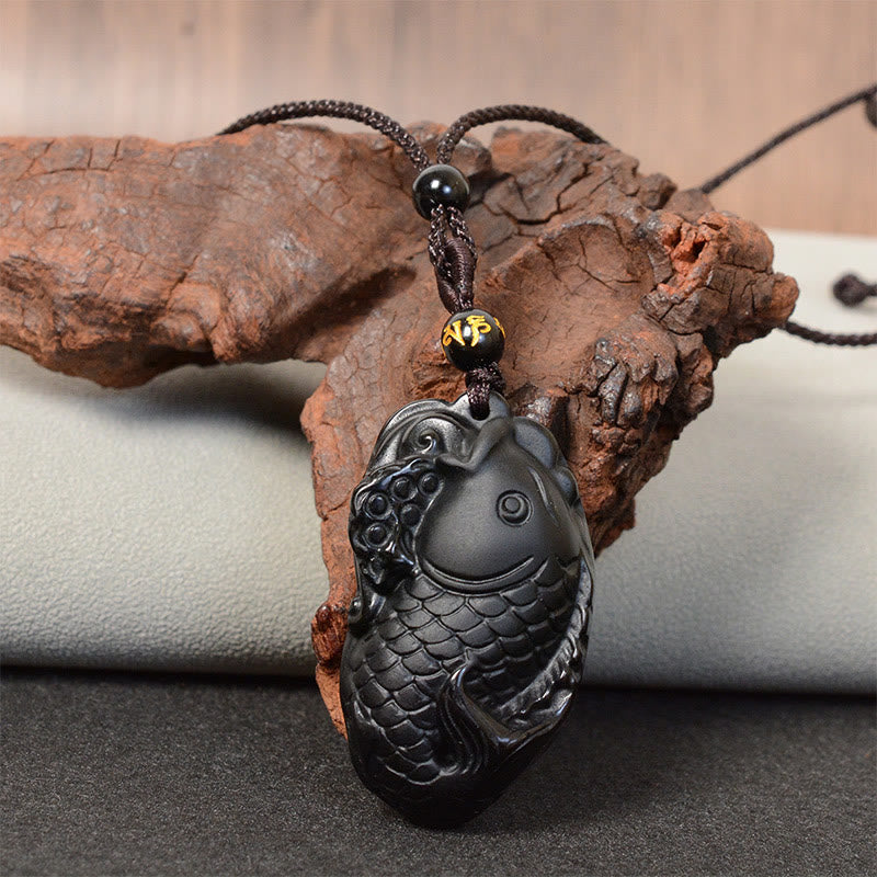 Black Obsidian Necklace Pendant with Amphioxus Symbol