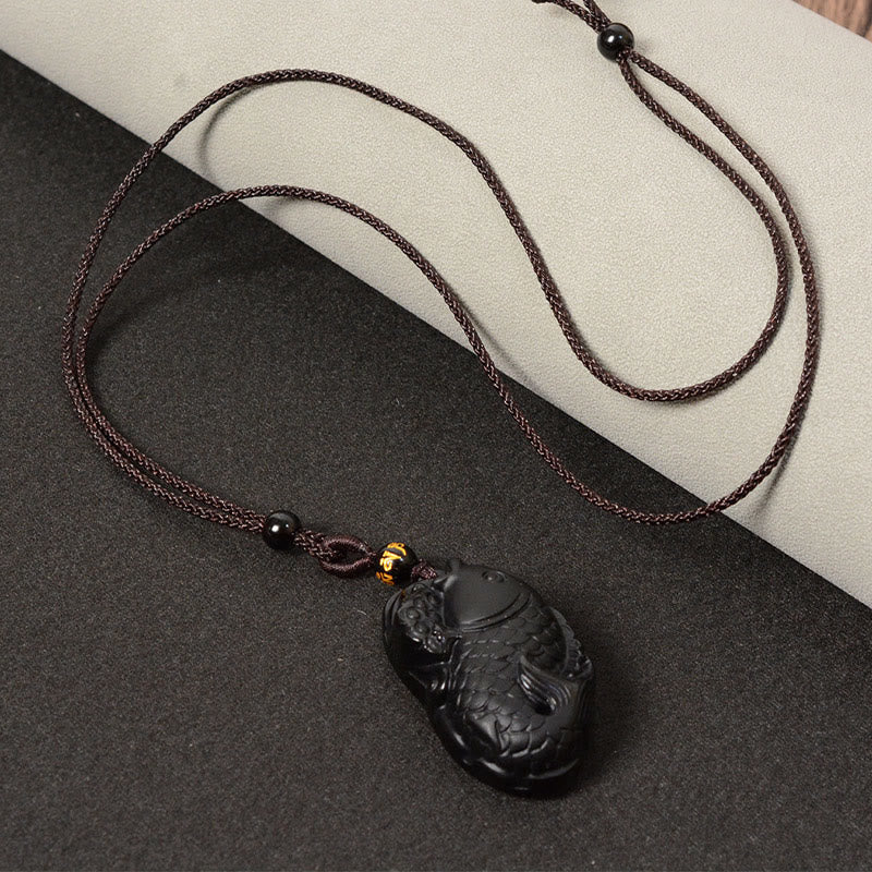 Black Obsidian Necklace Pendant with Amphioxus Symbol