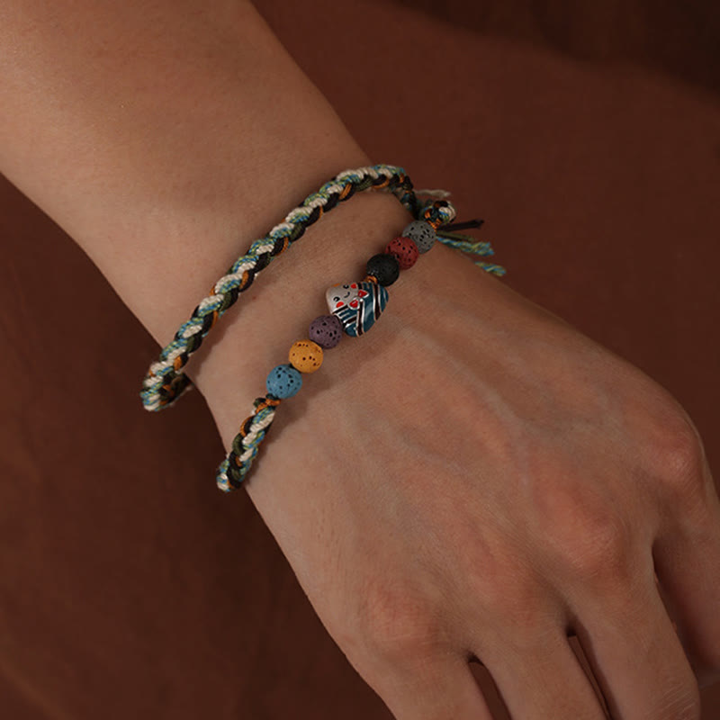 Unisex Lava Rock Fu Character Luck Braided Bracelet