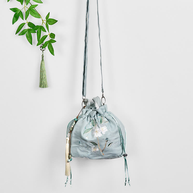 Green Flower Embroidered Canvas Tote Bag 20x20cm