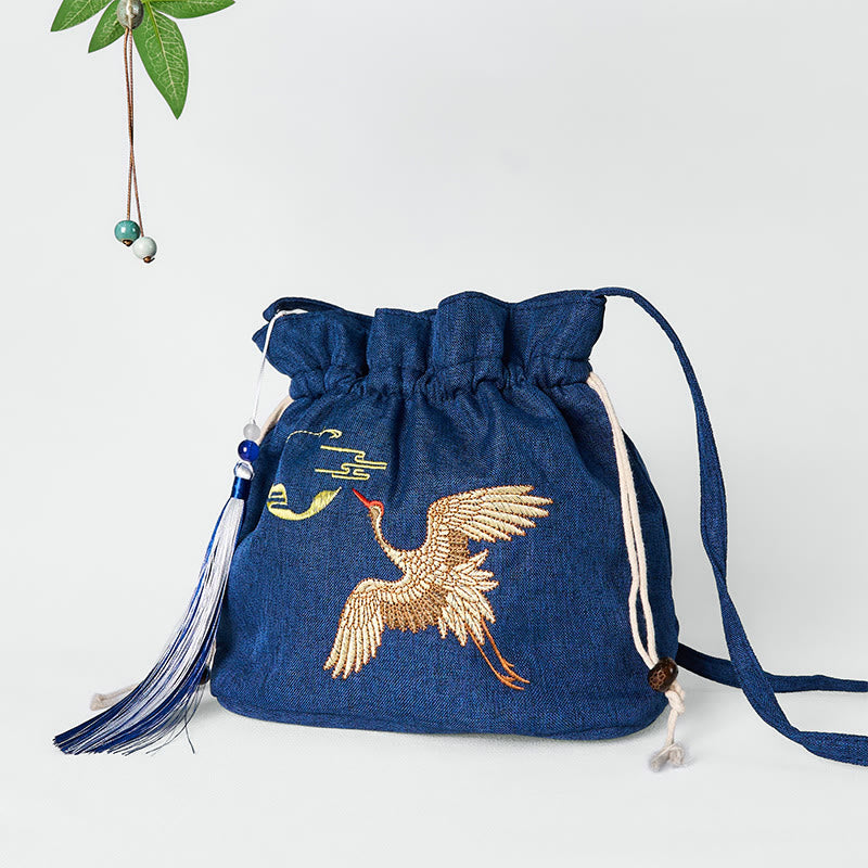 Cotton Linen Navy Blue Crane Spiritual Shoulder Bag
