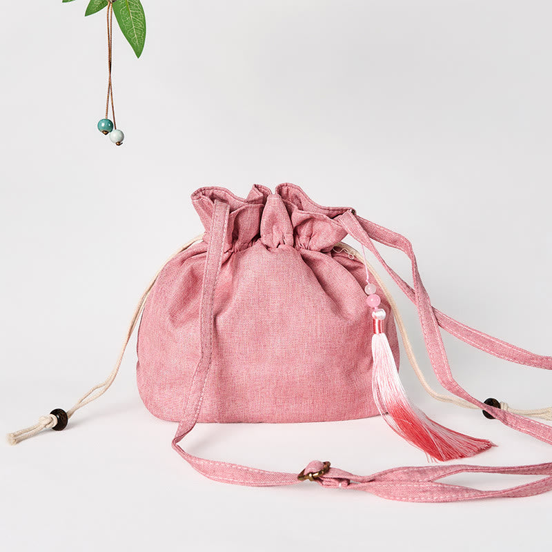 Pink Lotus Cotton Linen Crossbody Bag 19x20x10cm
