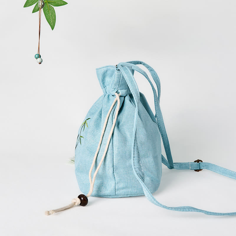 Green Bamboo Cotton Linen Crossbody Bag with Embroidery