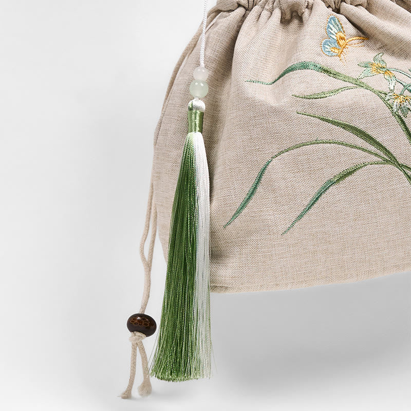 Beige Orchid Grass Cotton Linen Yoga Bag 19x20x10 cm