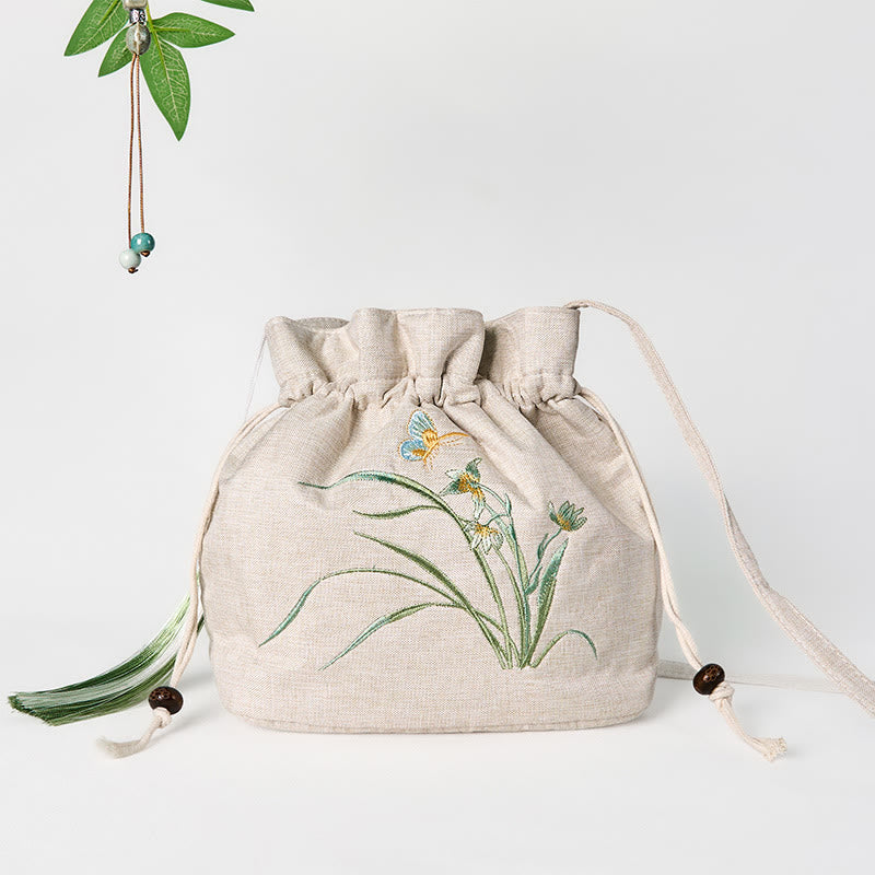 Beige Orchid Grass Cotton Linen Yoga Bag 19x20x10 cm