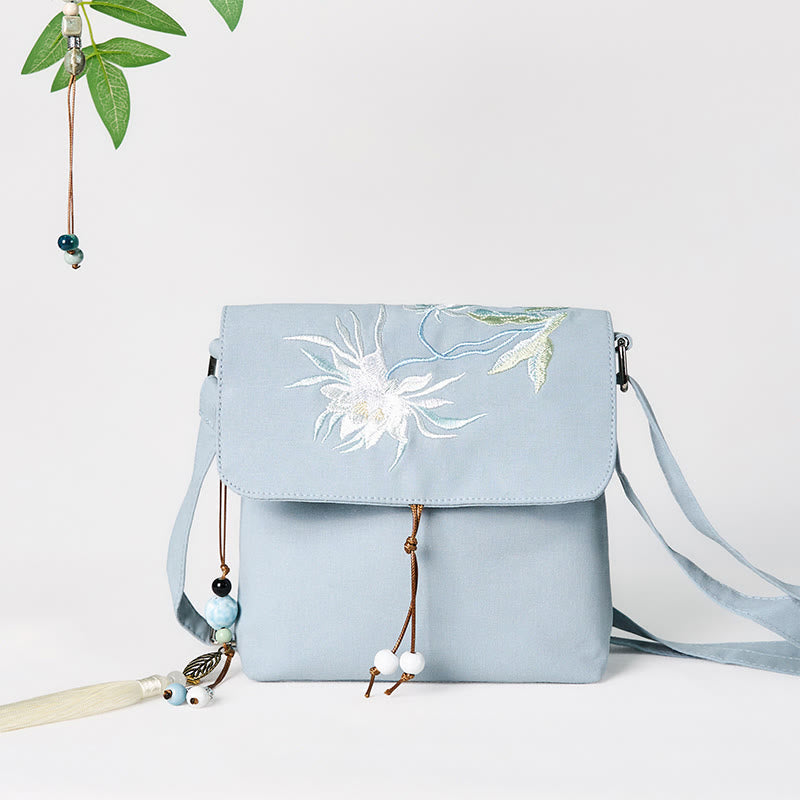 LightBlue Epiphyllum Cotton Linen Shoulder Bag