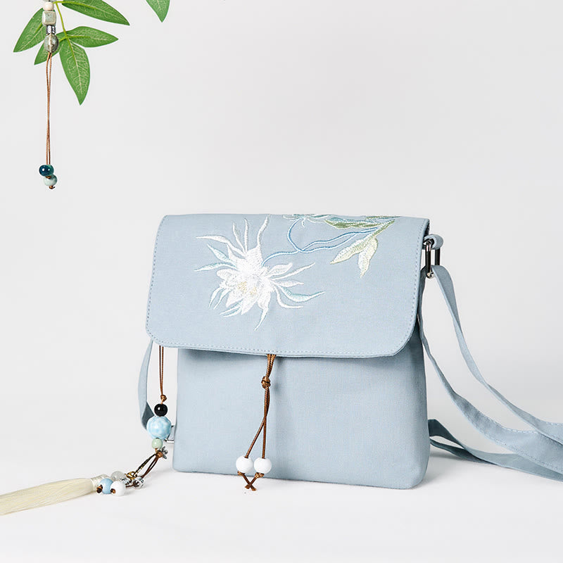 LightBlue Epiphyllum Cotton Linen Shoulder Bag