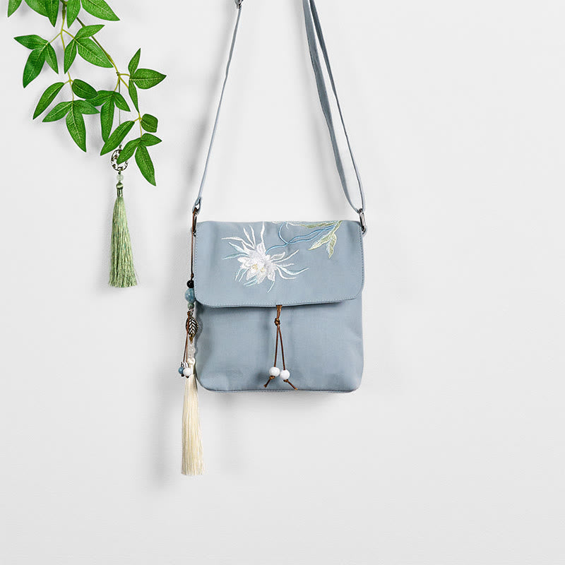 LightBlue Epiphyllum Cotton Linen Shoulder Bag