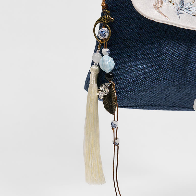 Dark Blue Plum Embroidered Canvas Backpack