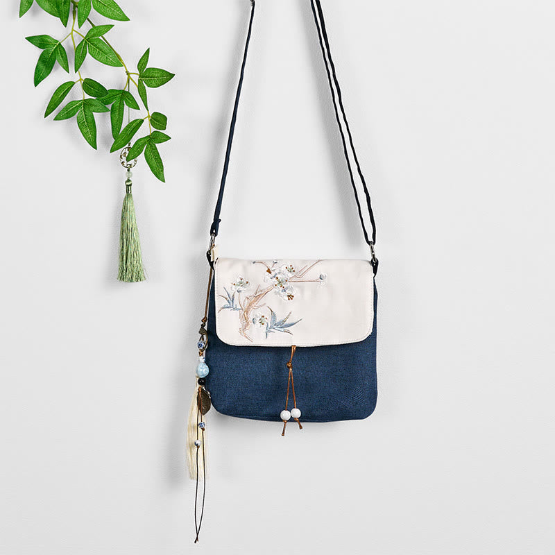 Dark Blue Plum Embroidered Canvas Backpack