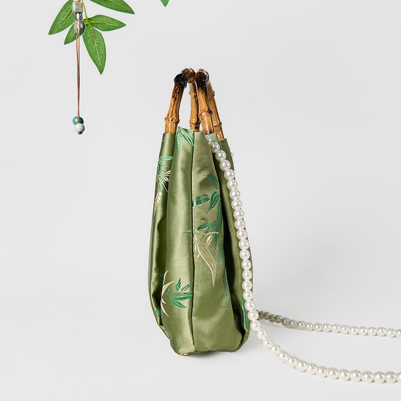 Green Bamboo Handle Pearl Crossbody Bag with Leaf Embroidery
