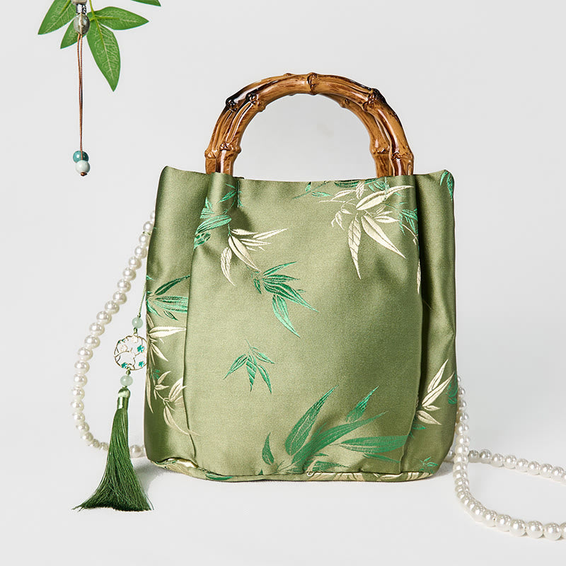 Green Bamboo Handle Pearl Crossbody Bag with Leaf Embroidery