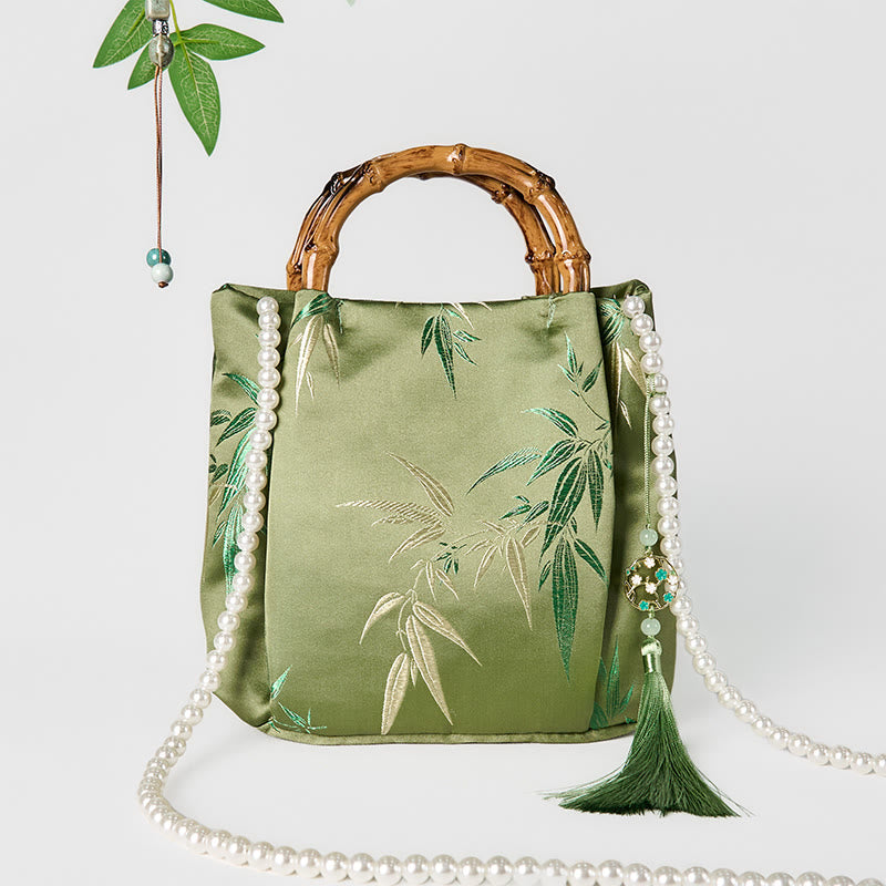Green Bamboo Handle Pearl Crossbody Bag with Leaf Embroidery