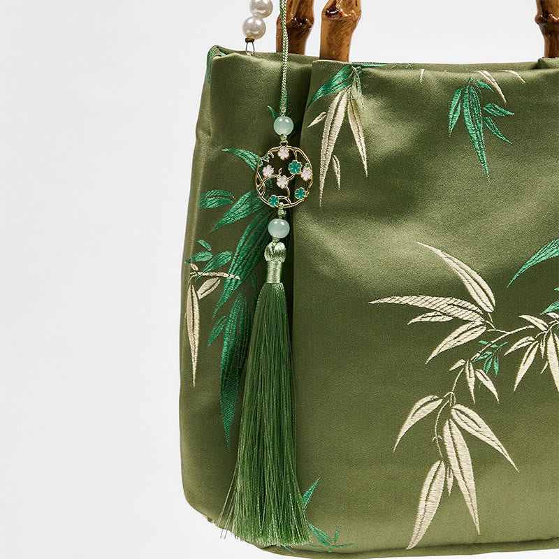 Green Bamboo Handle Pearl Crossbody Bag with Leaf Embroidery