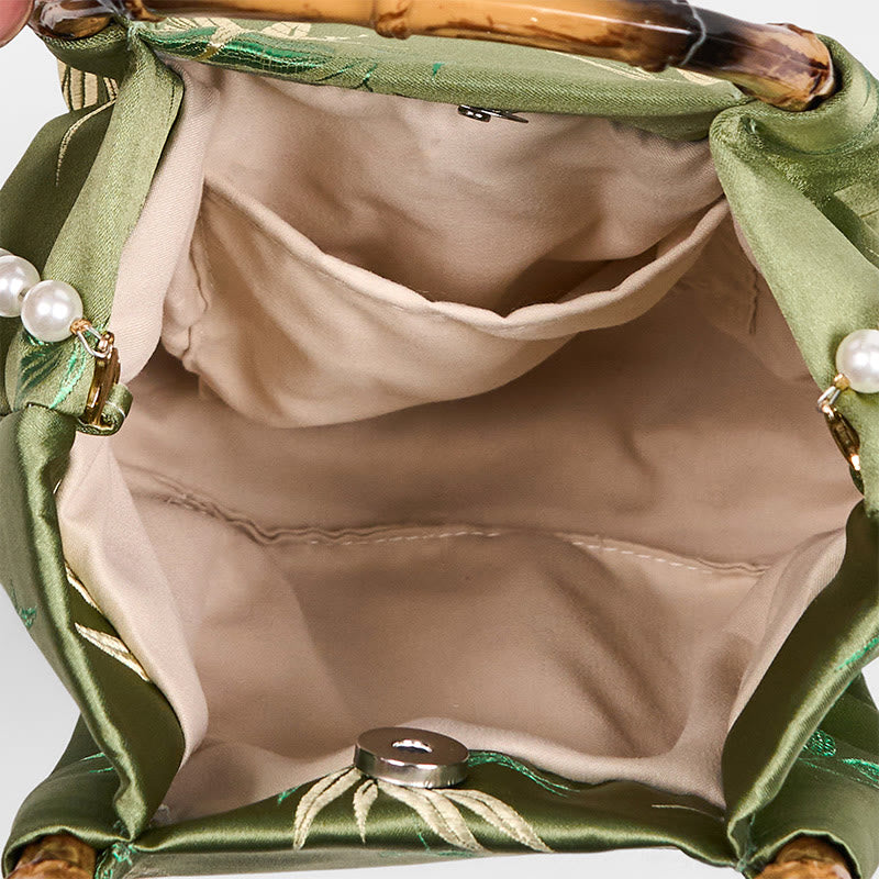 Green Bamboo Handle Pearl Crossbody Bag with Leaf Embroidery