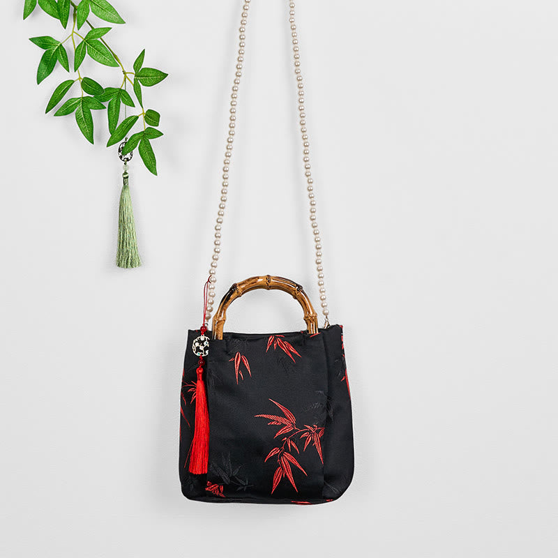 Black Polyester Cotton Embroidered Leaves Bag with Bamboo Handle