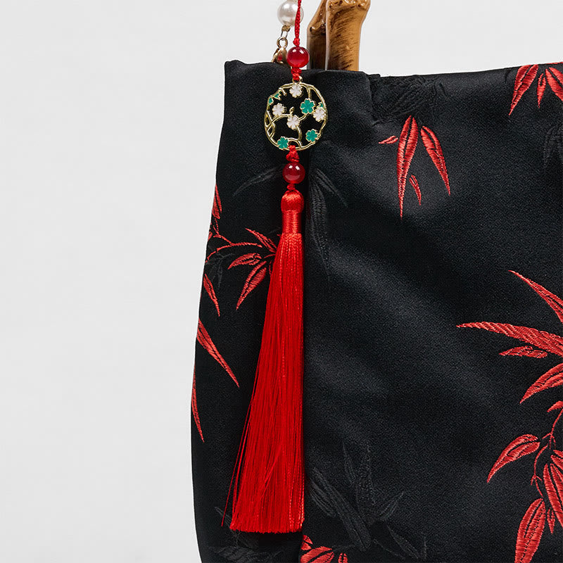Black Polyester Cotton Embroidered Leaves Bag with Bamboo Handle