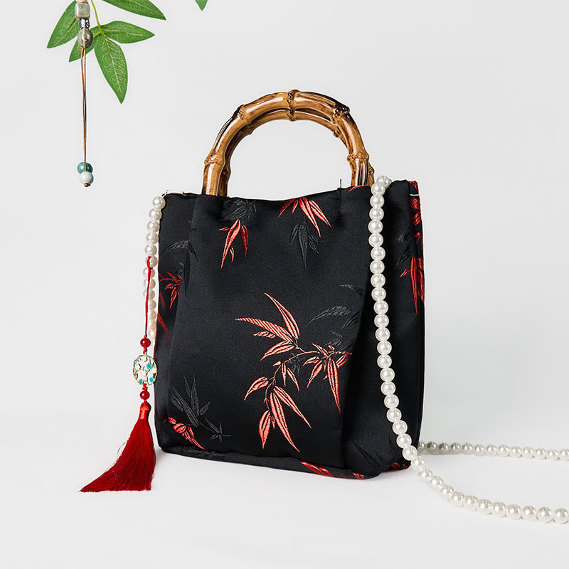 Black Polyester Cotton Embroidered Leaves Bag with Bamboo Handle