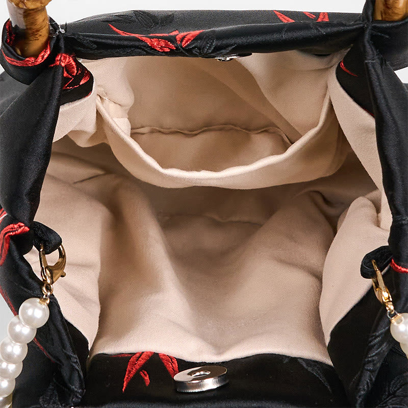 Black Polyester Cotton Embroidered Leaves Bag with Bamboo Handle