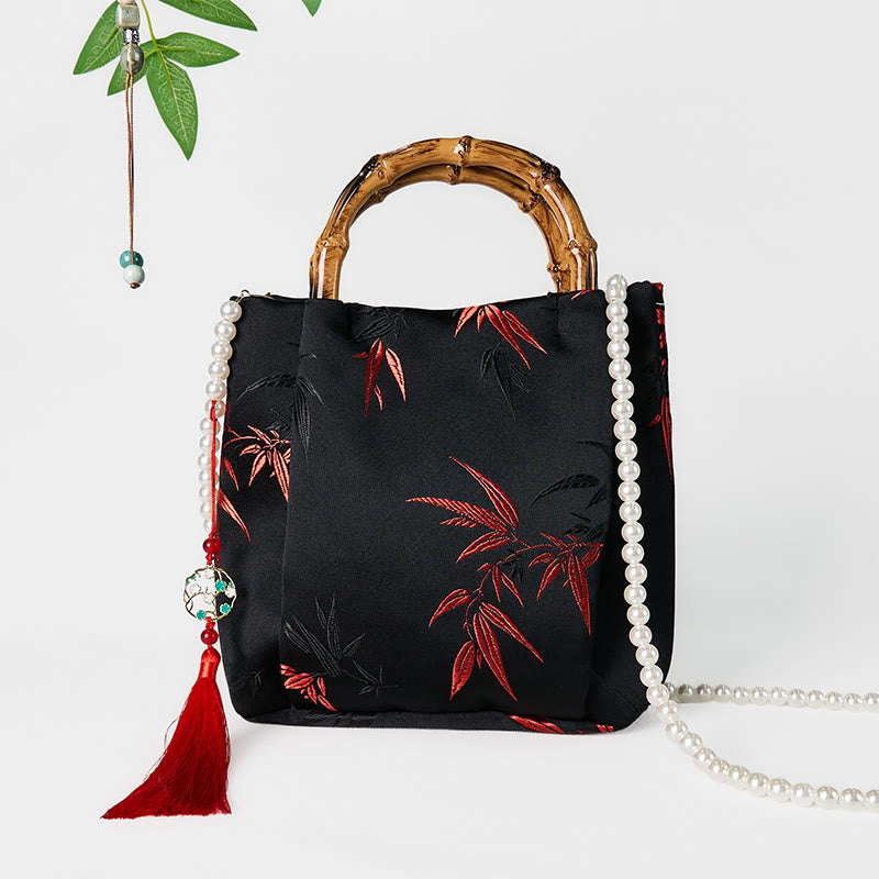 Black Polyester Cotton Embroidered Leaves Bag with Bamboo Handle