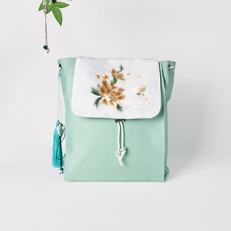 Green Peony Flowers Canvas Backpack | Mindful Clothing