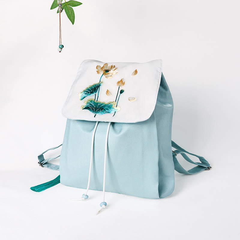 Blue Lotus Embroidered Canvas Backpack | Yoga Bag