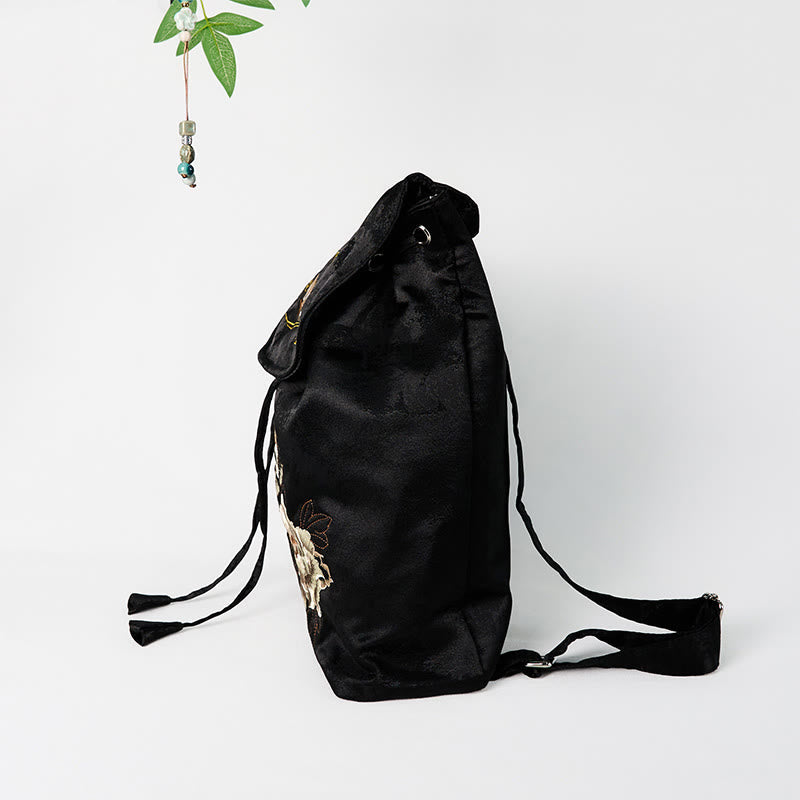 Spacious Black Peony Embroidered Backpack for Meditation Accessories
