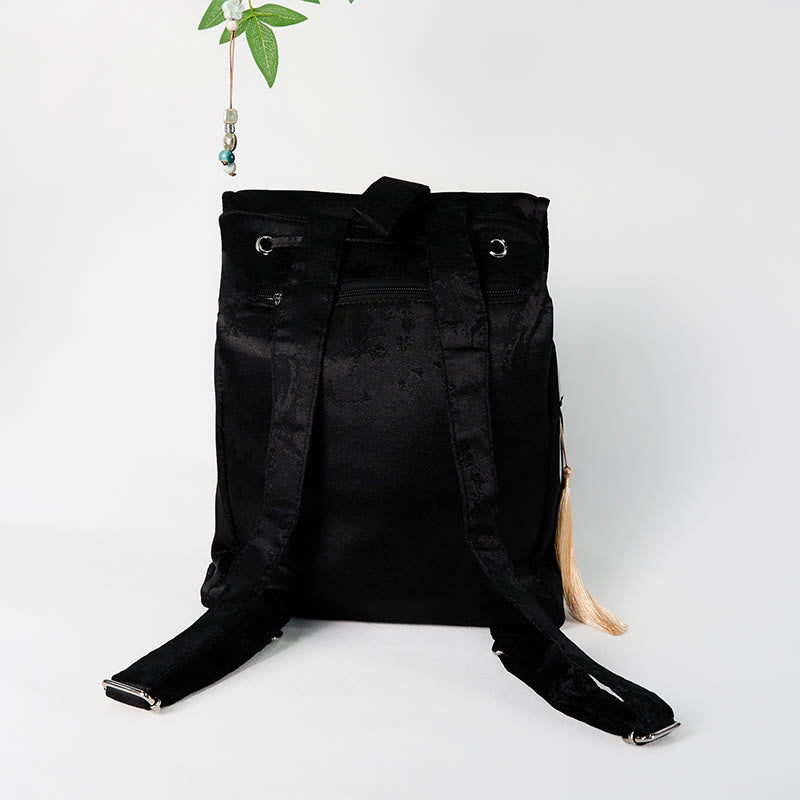 Spacious Black Peony Embroidered Backpack for Meditation Accessories