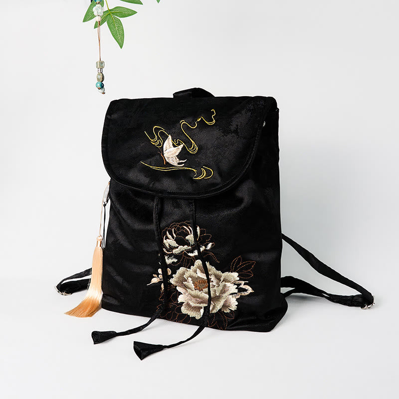 Spacious Black Peony Embroidered Backpack for Meditation Accessories