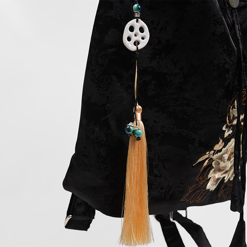 Spacious Black Peony Embroidered Backpack for Meditation Accessories