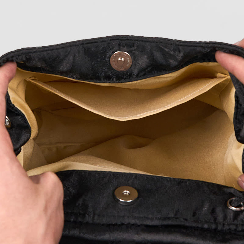 Spacious Black Peony Embroidered Backpack for Meditation Accessories