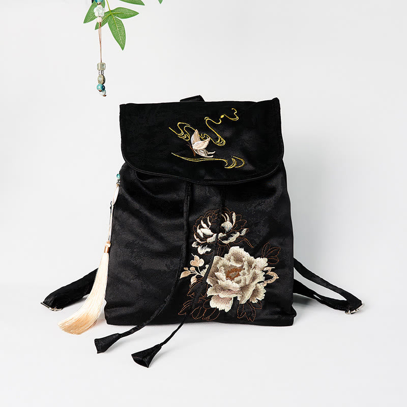 Spacious Black Peony Embroidered Backpack for Meditation Accessories